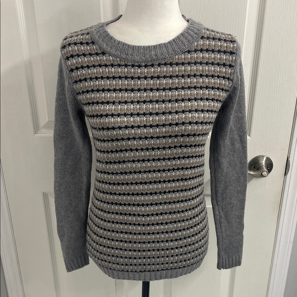 Boden Sweaters - Boden Gray/BlackWhite/Tan Striped Sweater Wool Crew Neck Rib Cuffs & Hem Sz 2